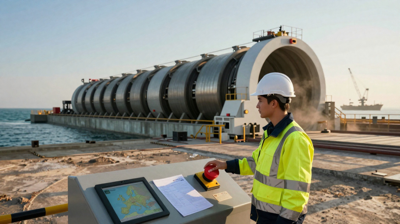 Engenheiro com capacete e colete acionando botão próximo a estrutura tubular metálica na costa marítima.