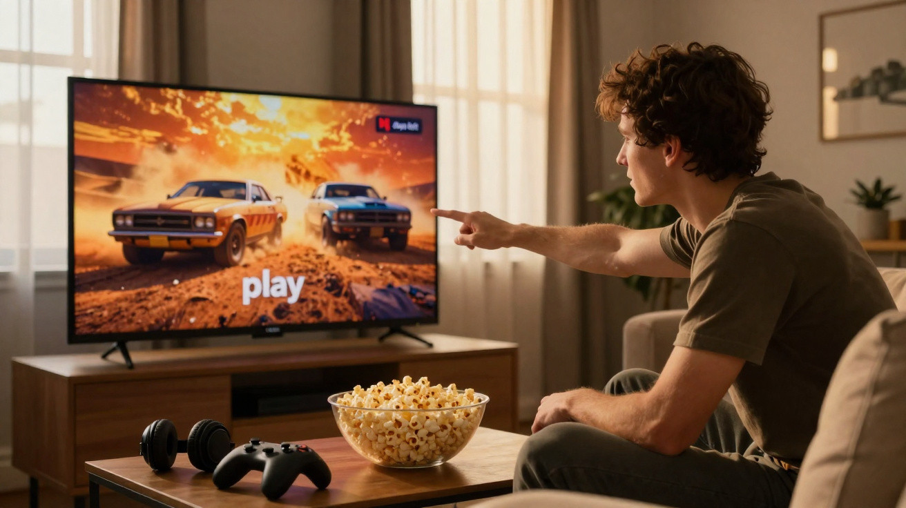 Homem sentado no sofá apontando para a TV com jogo de carros, mesa com pipoca, controle e fone.