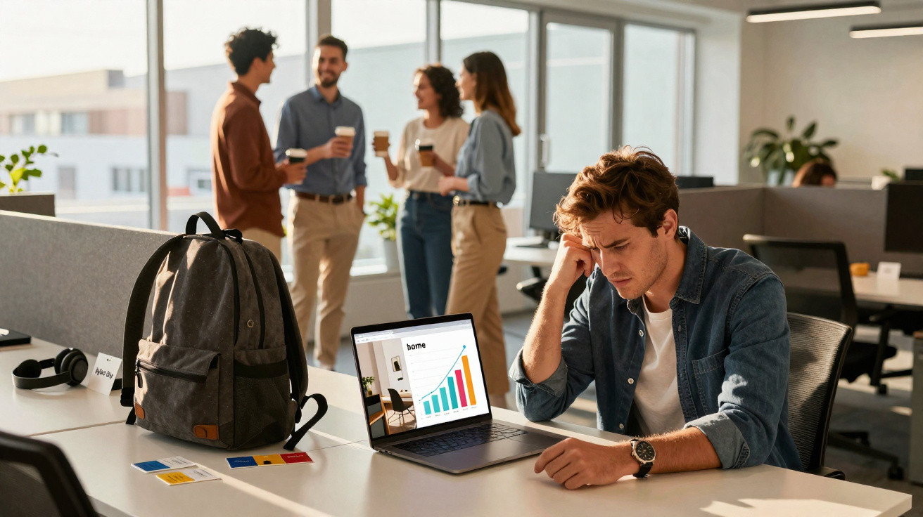 Jovem preocupado no escritório, olhando para gráfico em laptop, enquanto colegas conversam ao fundo.