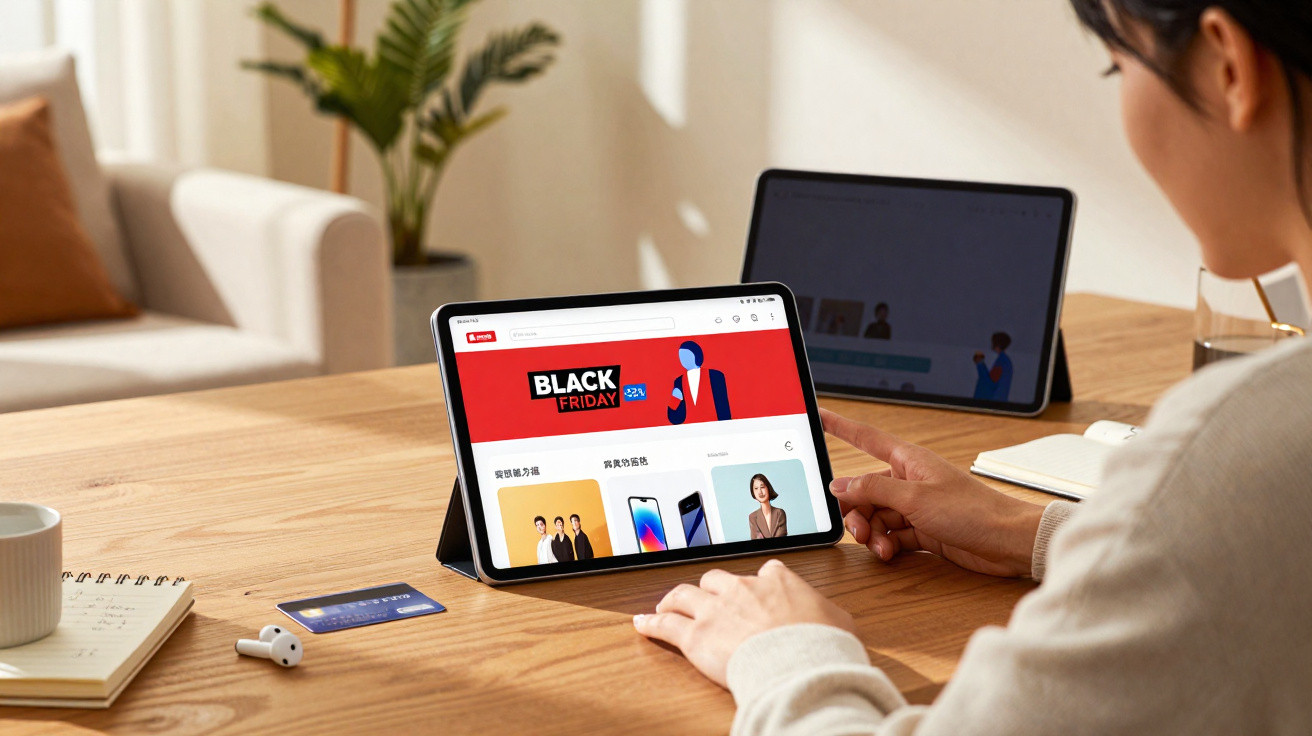 Pessoa usando tablet com promoção de Black Friday em website, sentada à mesa com cartão e fones de ouvido.