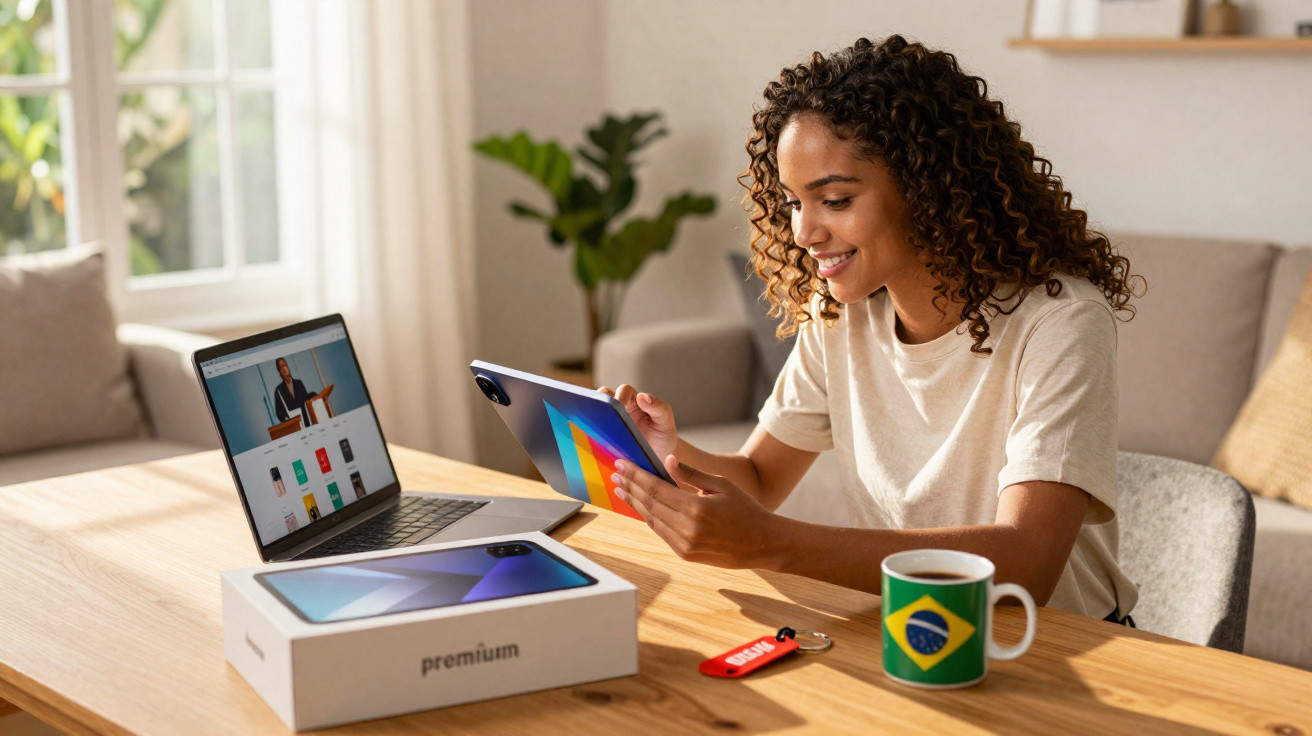 Mulher sorridente usando tablet em mesa com laptop, caixa de tablet e caneca com bandeira do Brasil.