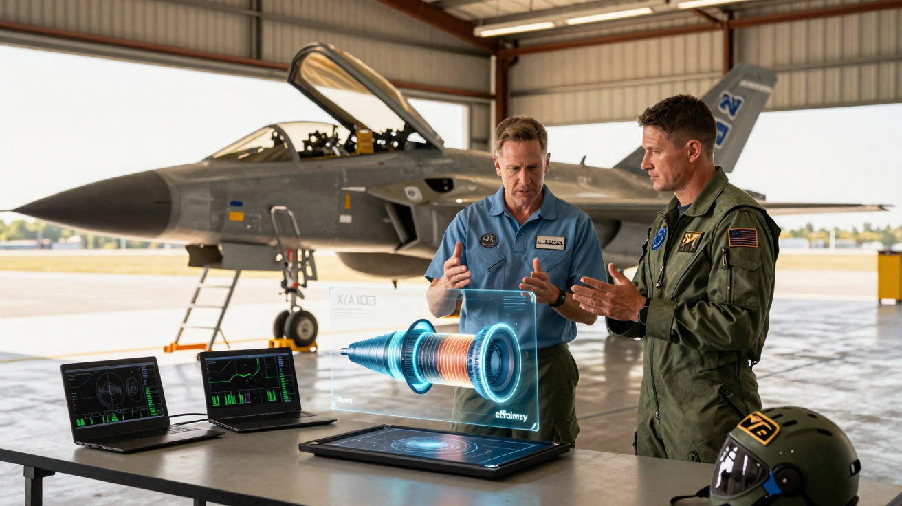 Dois pilotos militares discutem tecnologia holográfica de motor em hangar com caça ao fundo.