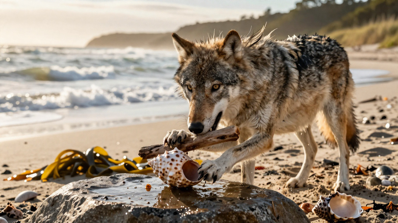 Lobo na praia segurando um pedaço de madeira e tocando uma concha sobre uma pedra molhada.