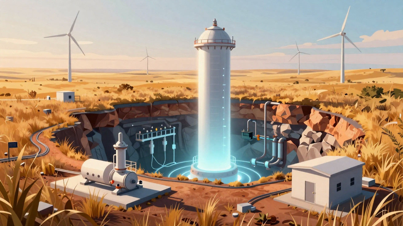 Ilustração de torre geoengenharia em área seca com turbinas eólicas e equipamentos industriais ao redor.