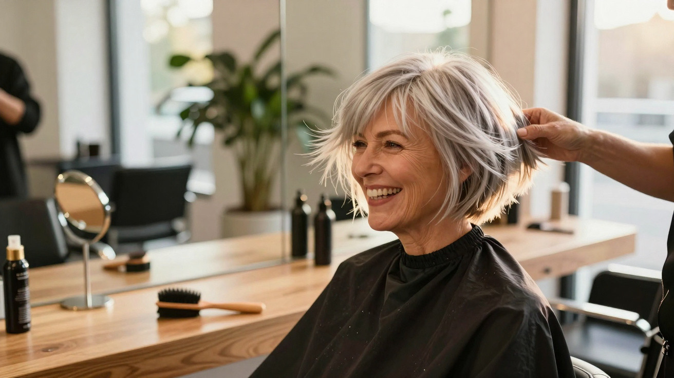 Mulher sorridente com cabelo grisalho curto sendo arrumado em salão de beleza moderno.
