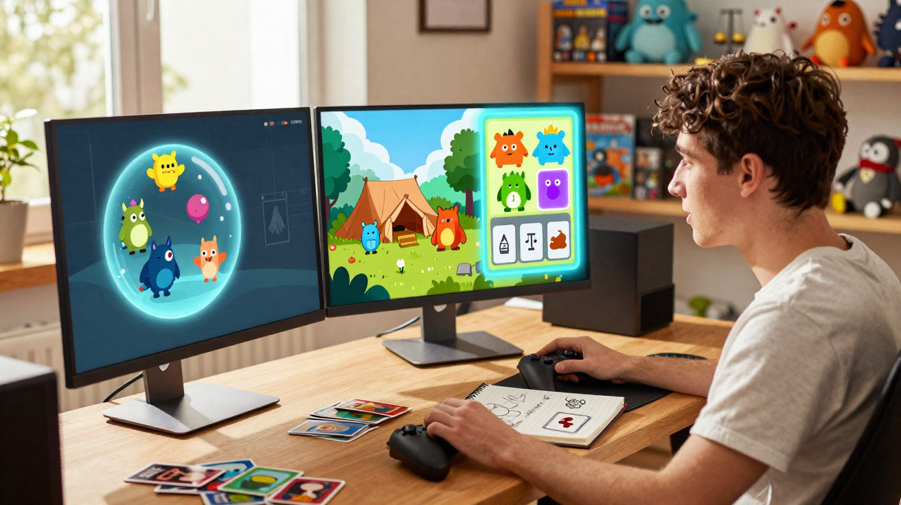 Jovem sentado à mesa usando controle para jogar videogame colorido em dois monitores lado a lado.