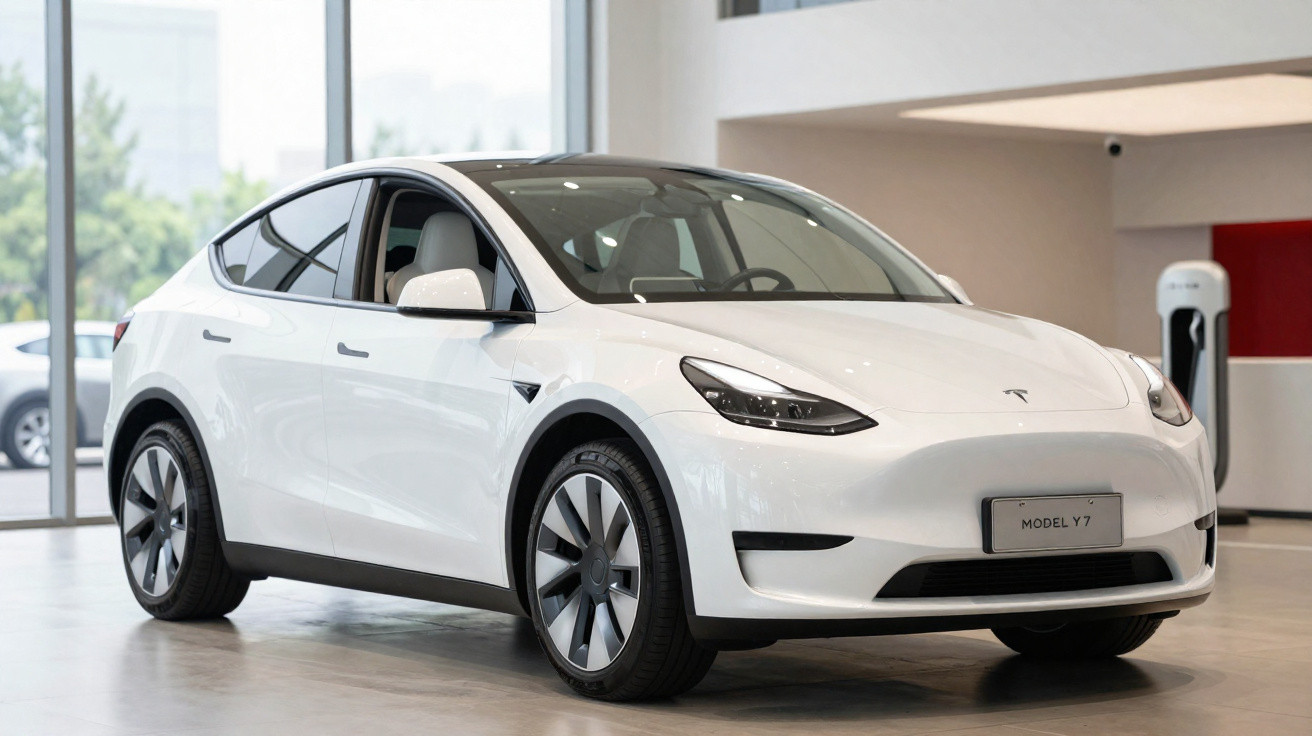 Carro elétrico branco Tesla Model Y 2023 estacionado dentro de showroom moderno e iluminado.