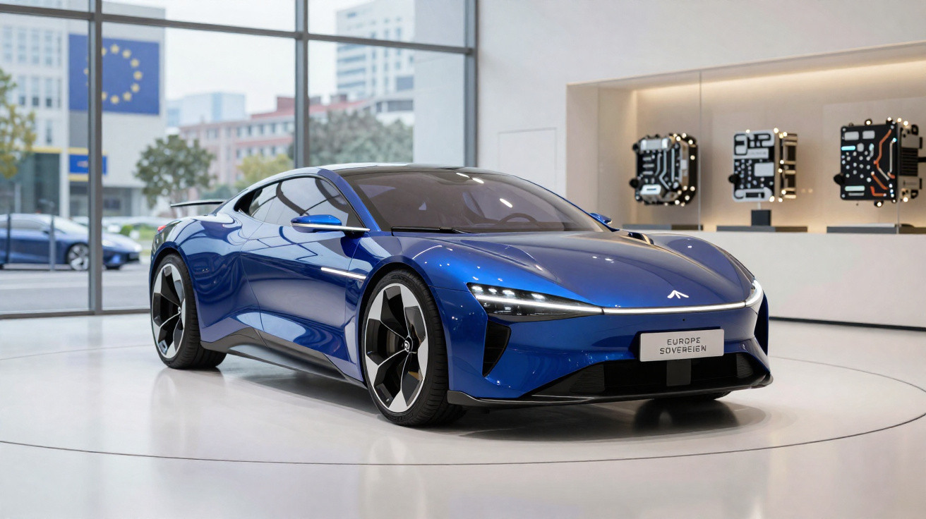 Carro esportivo elétrico azul exposto em showroom moderno com fachadas de vidro e peças tecnológicas na parede.