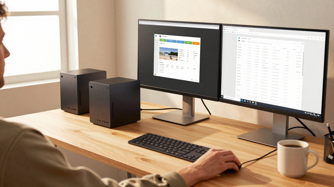 Pessoa trabalhando com computador de mesa equipado com dois monitores, teclados e xícaras em ambiente iluminado.