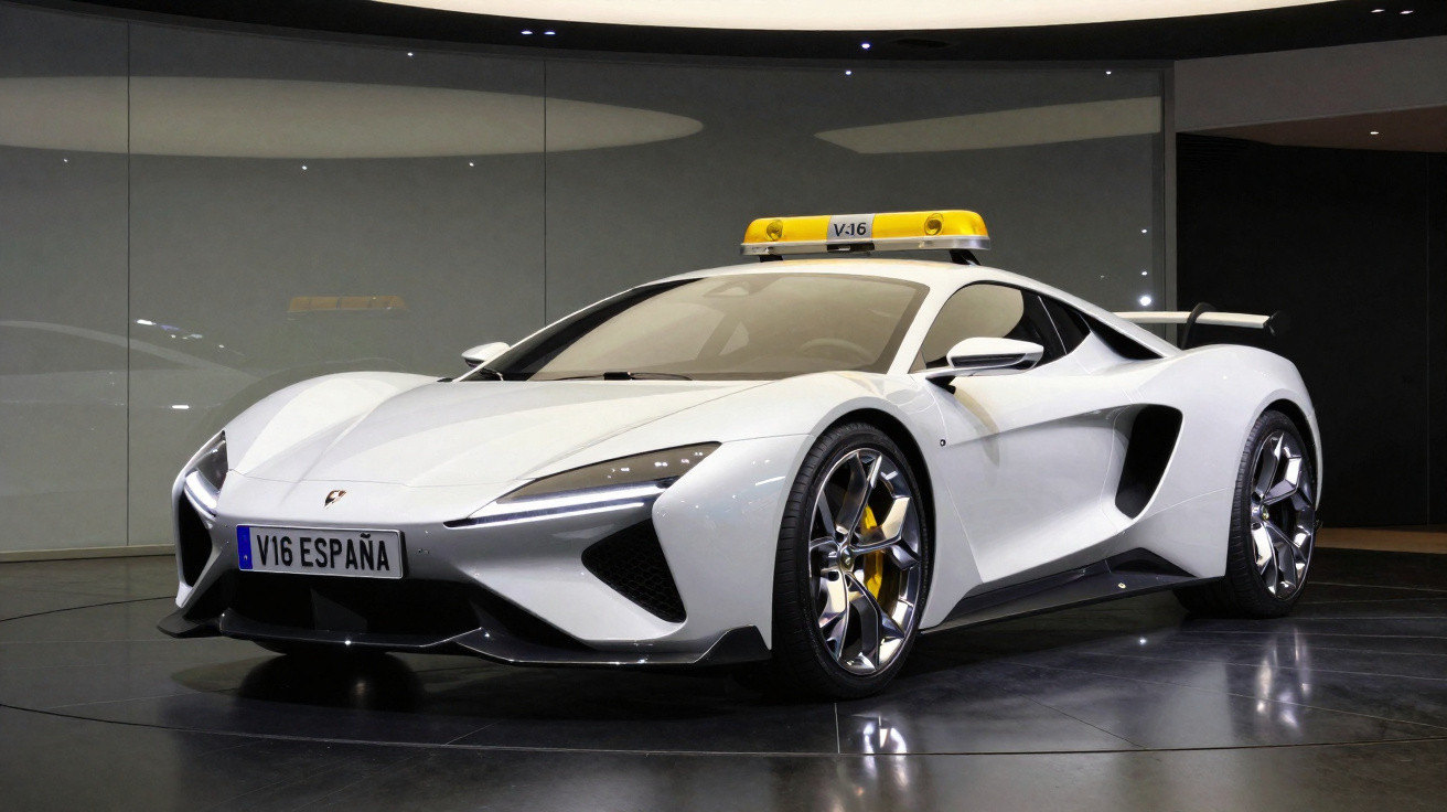 Carro esportivo branco com placa V16 ESPAÑA e sirene amarela no teto, em ambiente fechado.