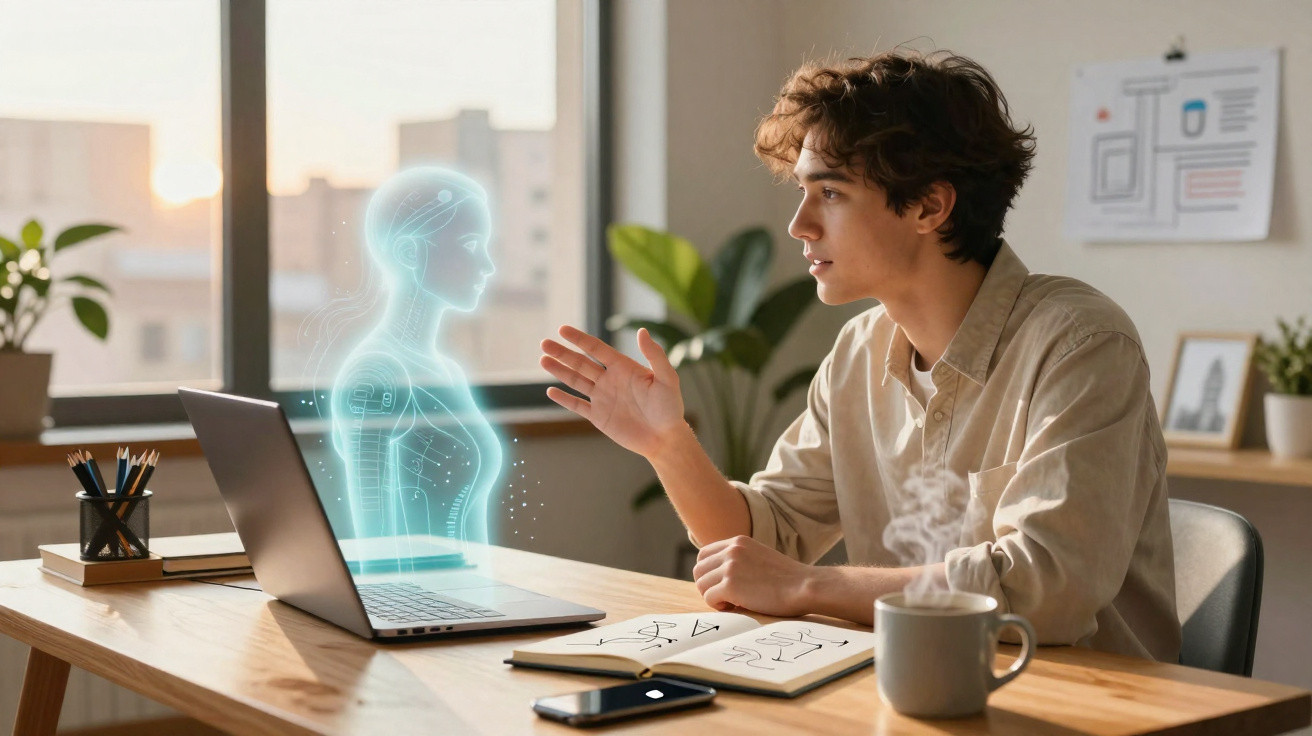 Homem conversa com holograma de inteligência artificial saindo de laptop em escritório iluminado pelo sol.