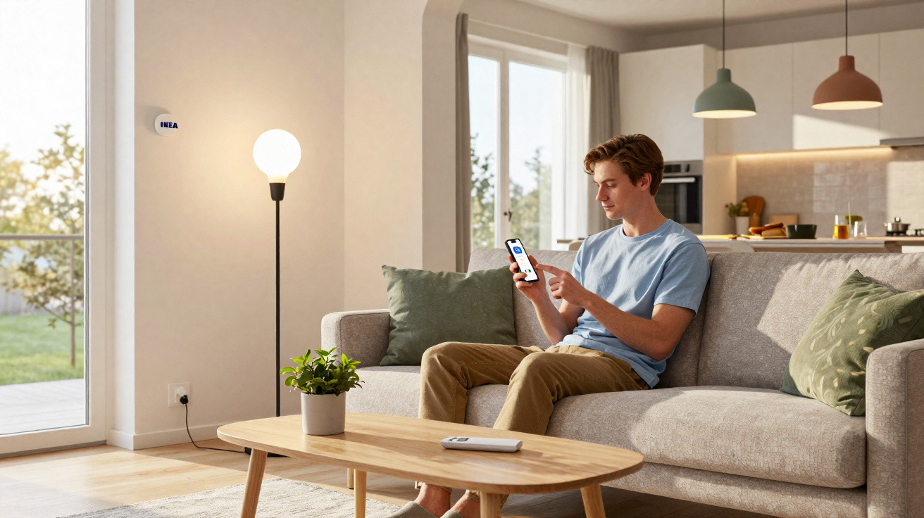 Homem sentado no sofá de sala moderna controlando lâmpada com celular, mesa de centro com planta e ambiente iluminado.