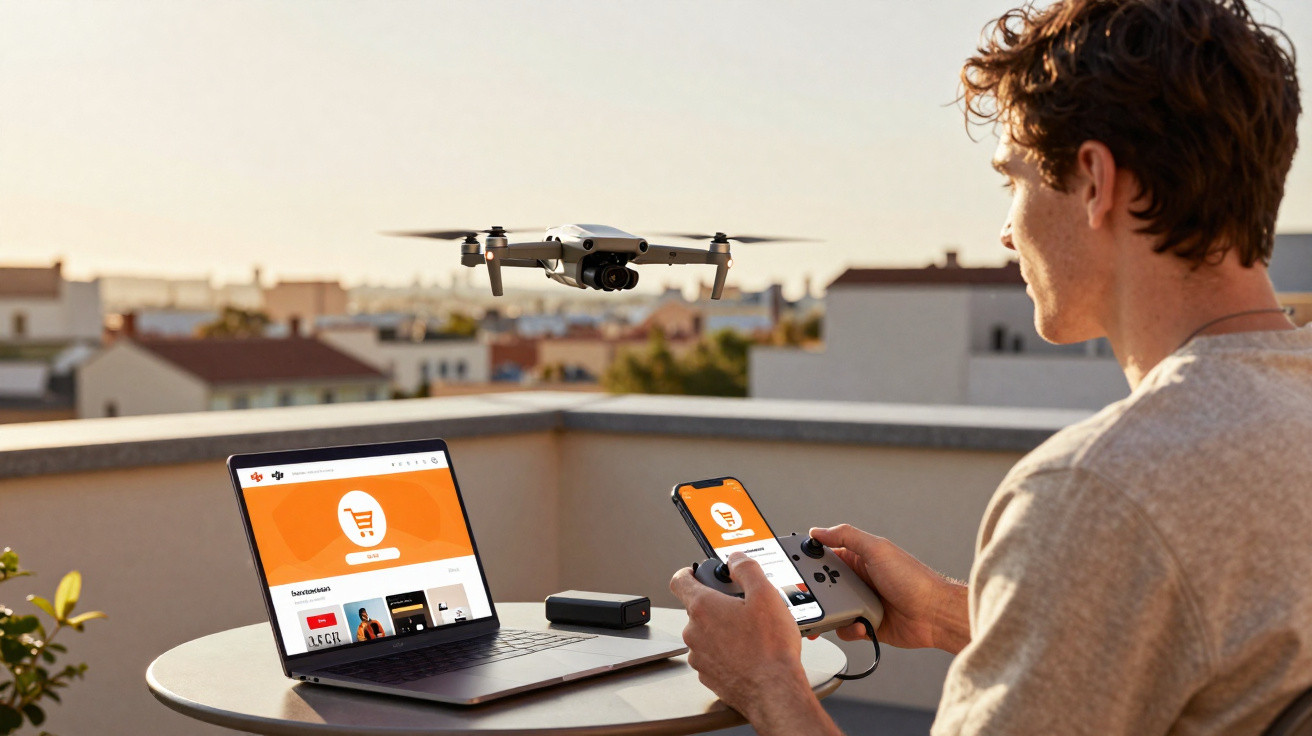 Homem controla drone com controle conectado ao celular em varanda com laptop e cenário urbano ao fundo.