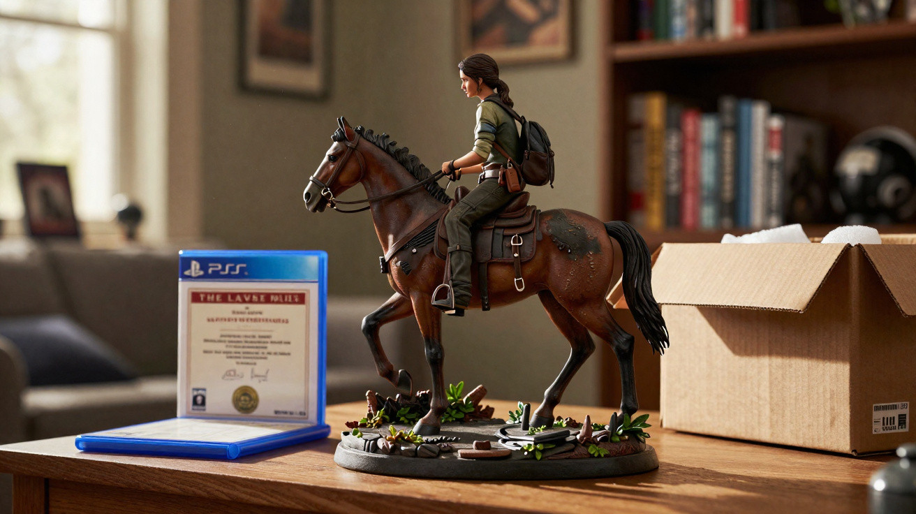 Estátua detalhada de personagem feminina montada em cavalo sobre mesa, ao lado de caixa aberta e certificado em capa azul.
