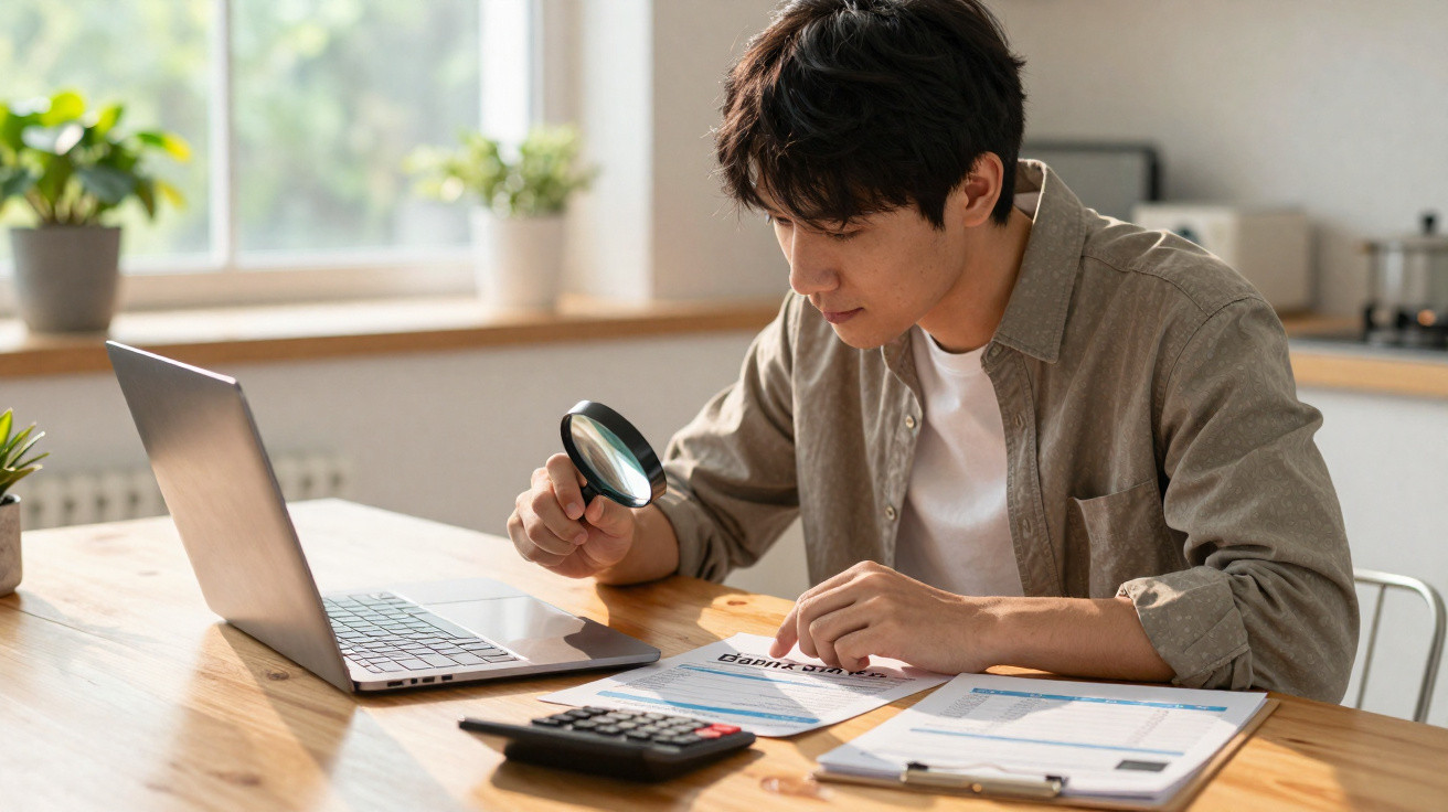 Homem analisando documentos com lupa sentado à mesa com laptop, calculadora e plantas ao fundo.