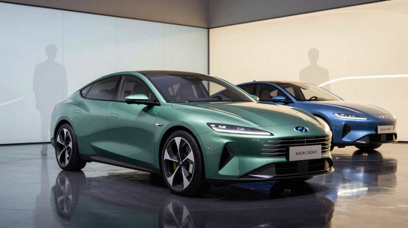 Dois carros elétricos Kiawaí Choice, verdes e azuis, exibidos em ambiente moderno e iluminado.