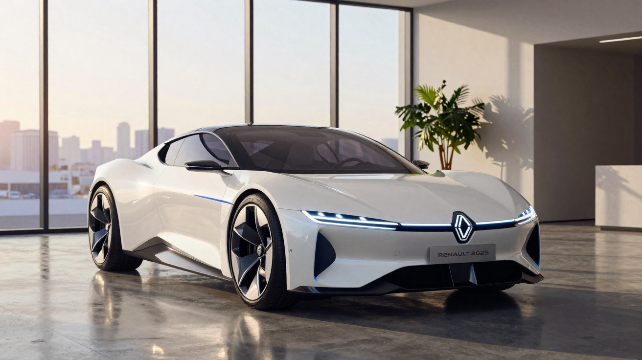 Carro esportivo elétrico branco da Renault com design futurista em garagem iluminada pelo sol.