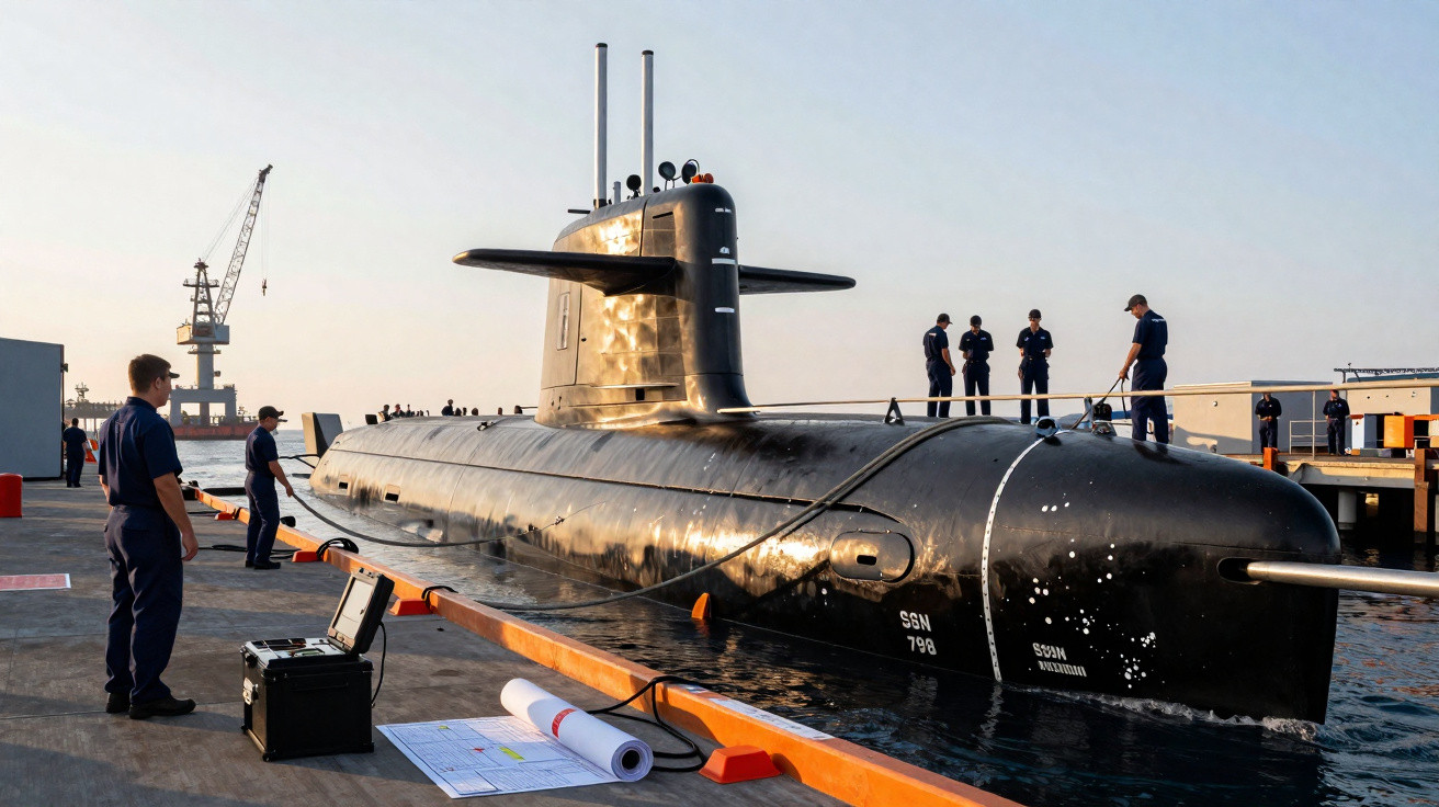 Submarino militar preto ancorado no cais com tripulação em uniforme azul realizando inspeção na embarcação.