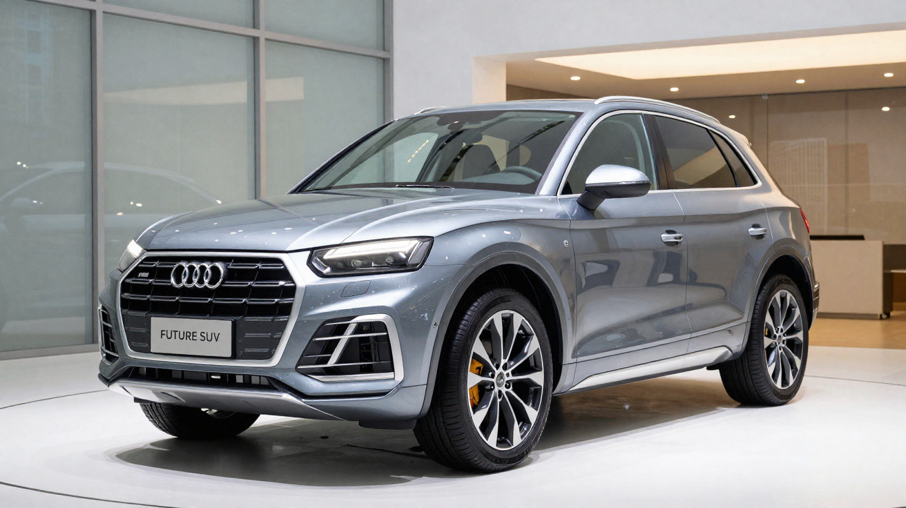 SUV Audi prata estacionado em ambiente interno moderno e iluminado.