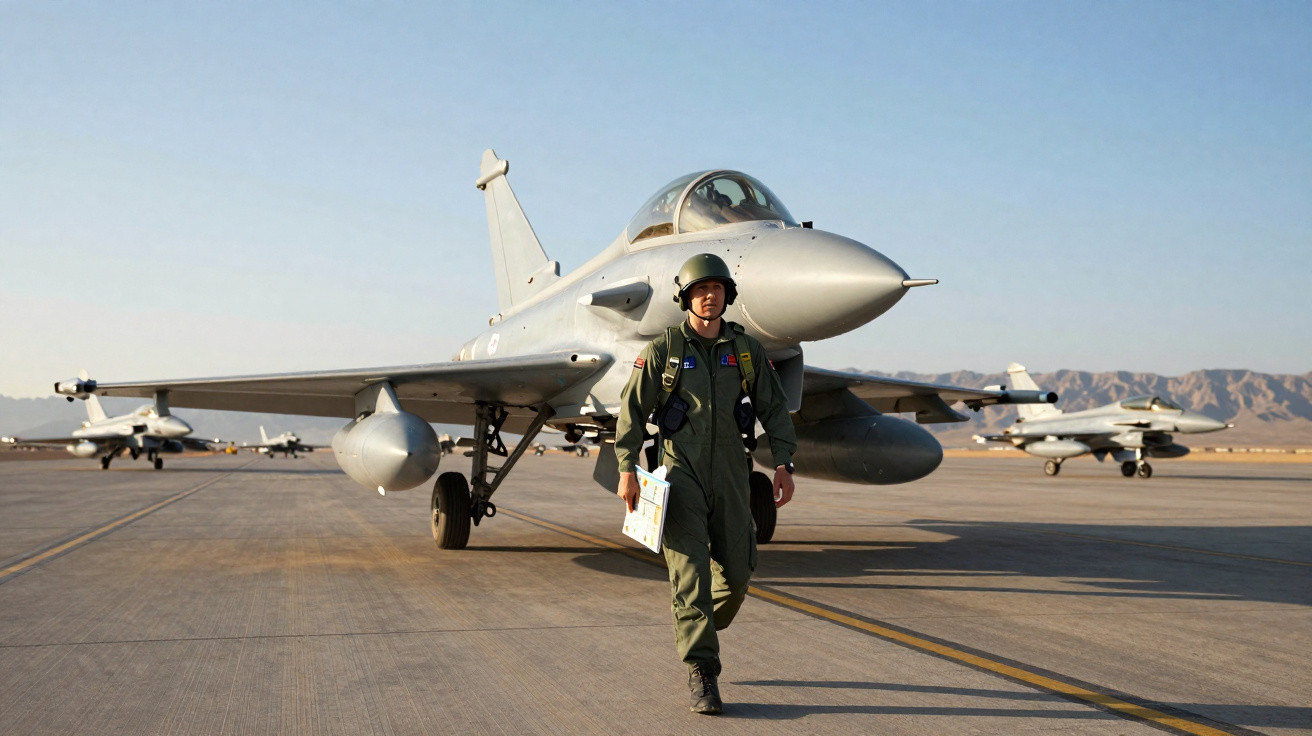 Piloto militar caminha em pista com caça cinza estacionado e montanhas ao fundo em dia claro.