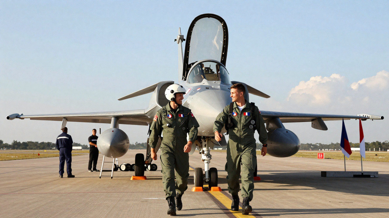 Dois pilotos militares caminhando em frente a um caça estacionado em pista de aeroporto.
