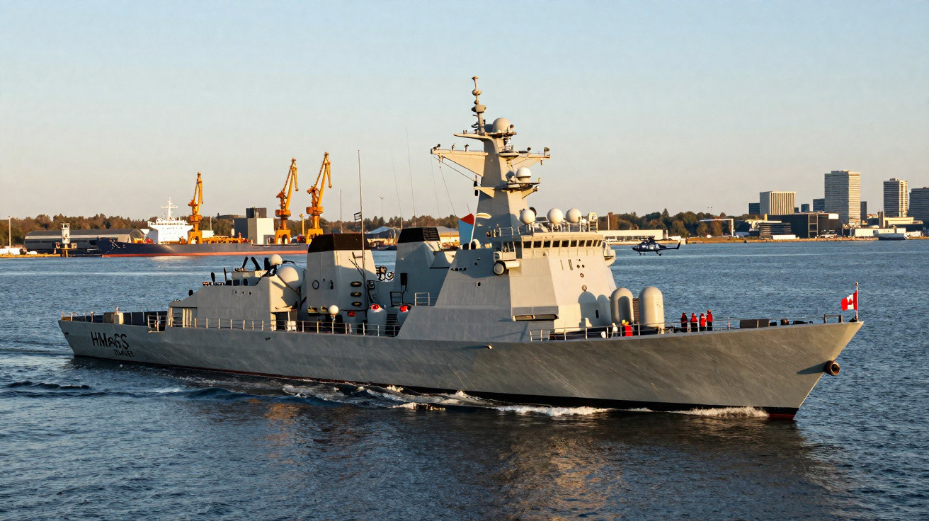 Destróier naval militar cinza navegando em águas calmas perto de um porto com estruturas industriais ao fundo.