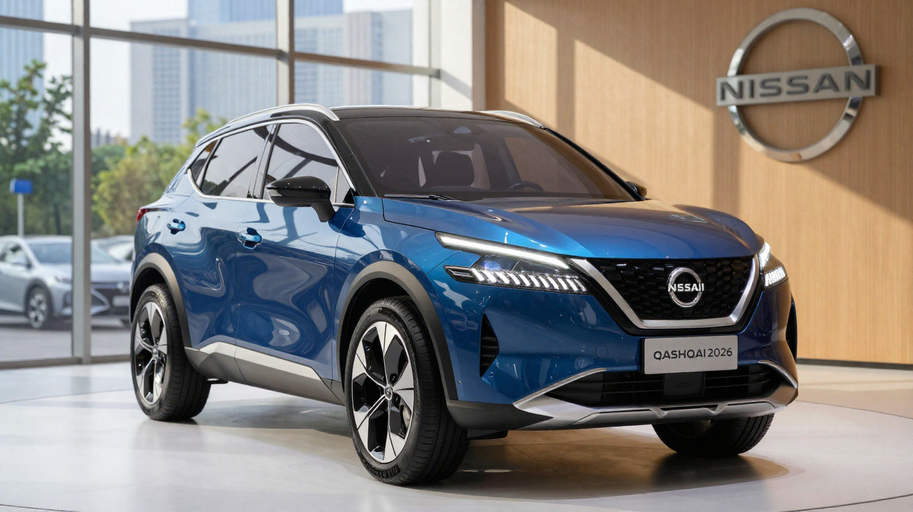 SUV Nissan Qashqai 2026 azul em destaque na concessionária com logo Nissan ao fundo.