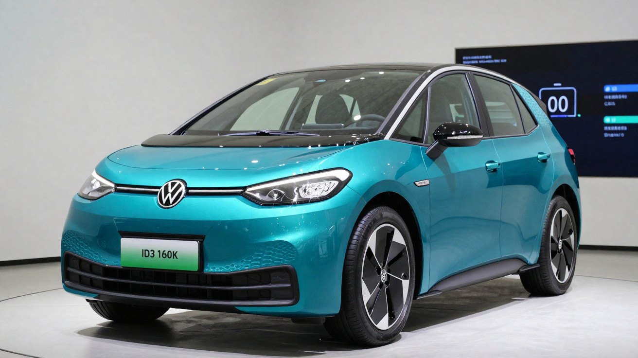 Carro elétrico Volkswagen ID3 160K na cor azul em ambiente interno, vista frontal lateral direita.