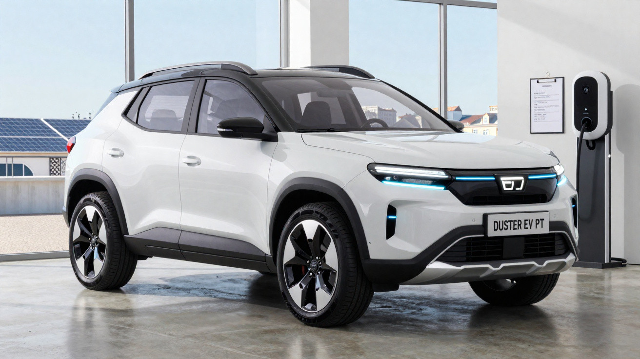 SUV elétrico branco Duster EV PT estacionado em garagem moderna com carregador veicular ao lado.