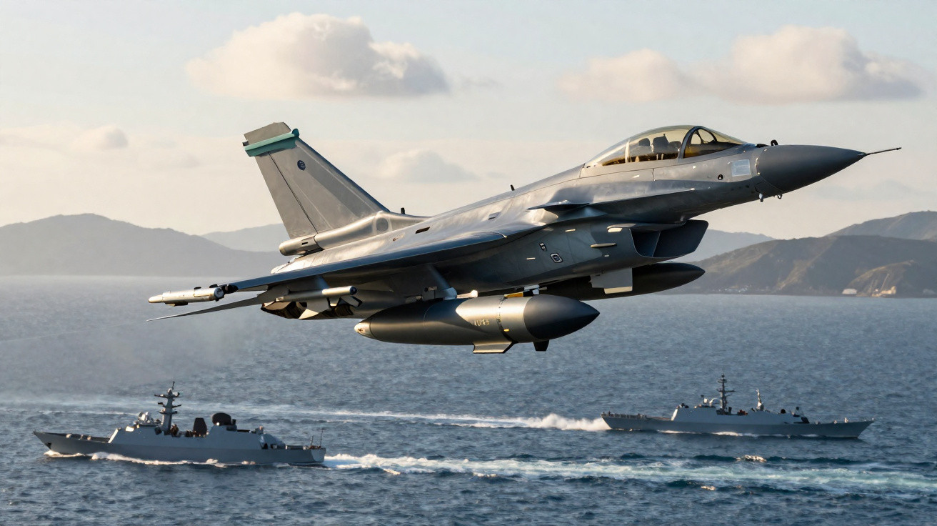 Caça militar voando baixo sobre o mar com duas embarcações navais ao fundo em dia claro.