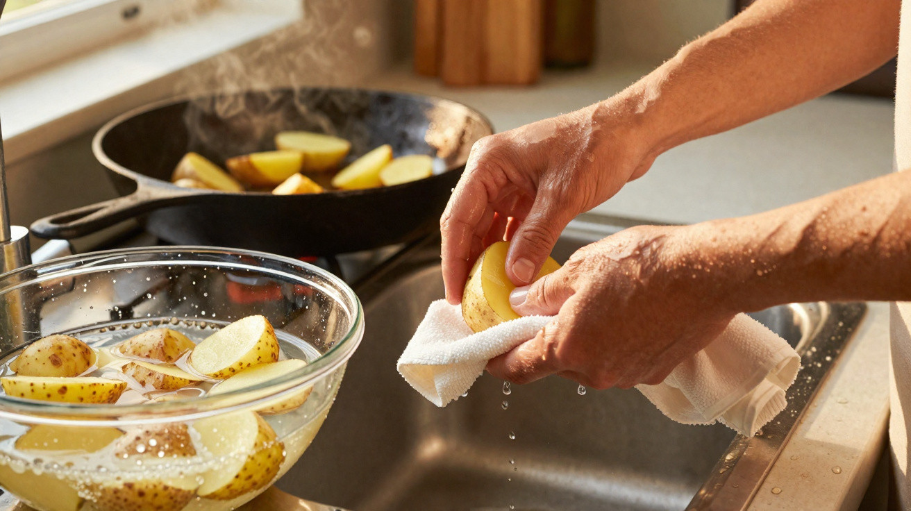 Mãos secando fatias de batata com pano ao lado de uma tigela com fatias de batata e frigideira na cozinha.