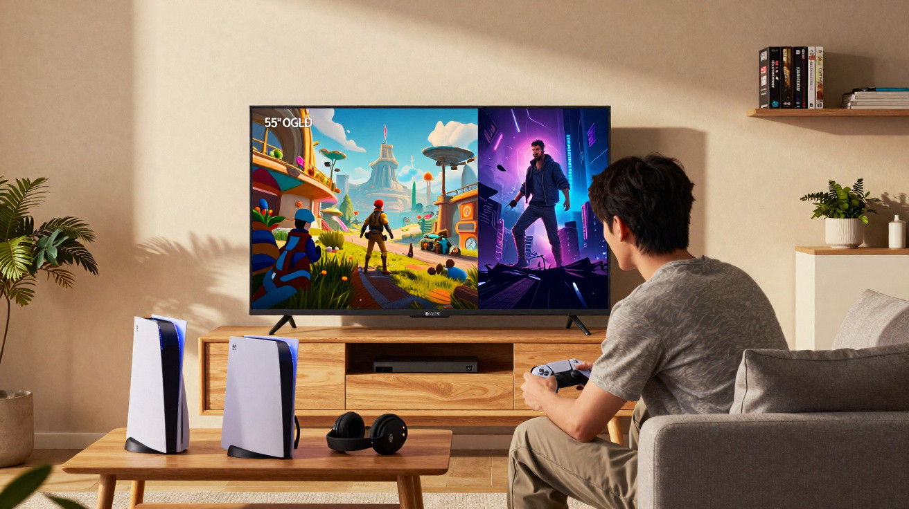 Jovem sentado no sofá jogando videogame em TV 55" OLED, com consoles e fones em sala moderna e iluminada.