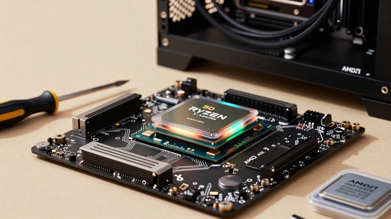 Placa-mãe com processador Ryzen 3D instalado ao centro, ao lado de uma ferramenta e gabinete preto AMD.