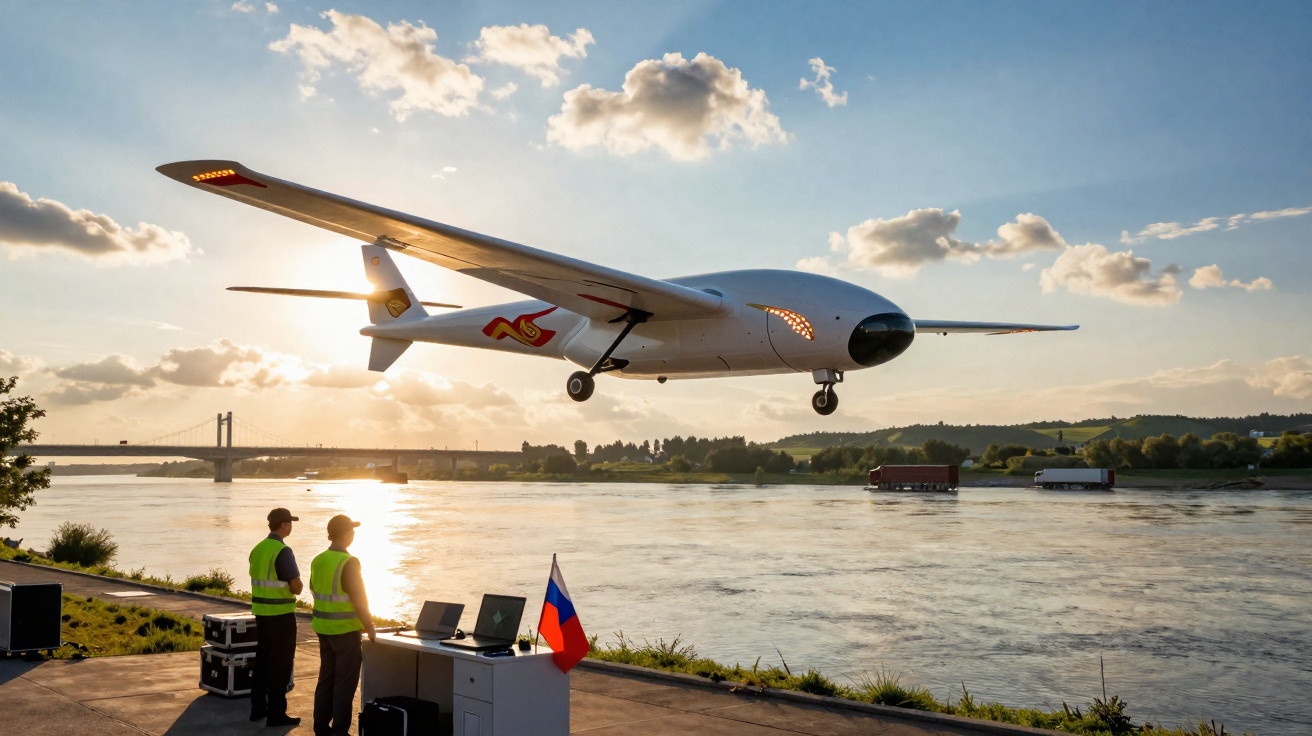 Dois técnicos operam drone de asa fixa próximo a rio ao pôr do sol, com ponte e caminhões ao fundo.