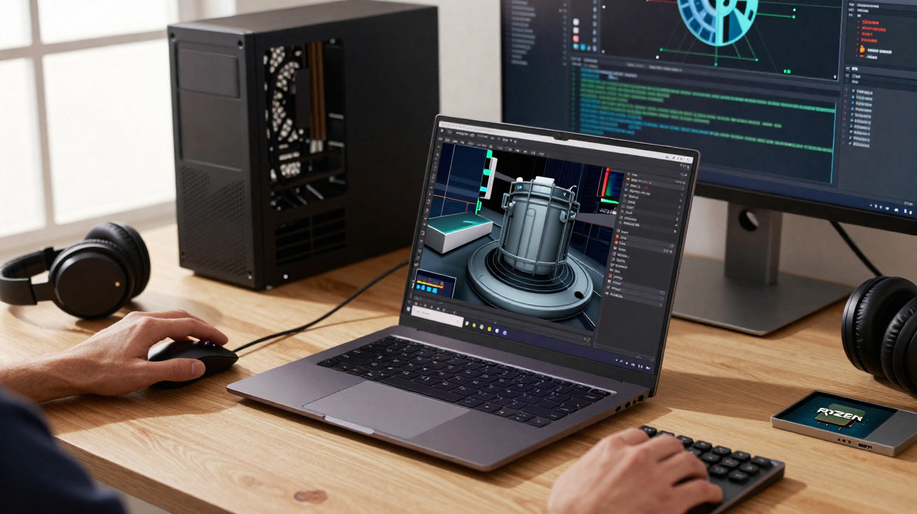 Pessoa usando notebook para modelagem 3D com fones, desktop aberto e monitor na mesa de madeira.