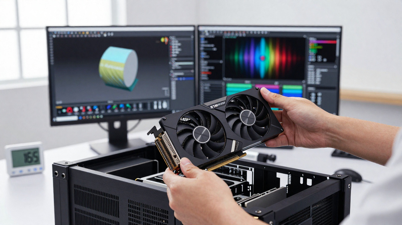 Pessoa instalando placa de vídeo em gabinete de computador com dois monitores ao fundo.