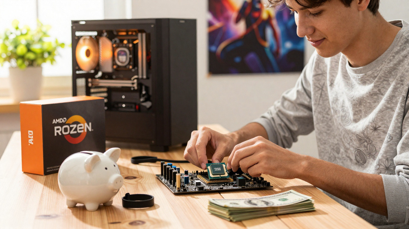 Jovem montando computador com placa-mãe, processador, caixa de computador e cofrinho em mesa de madeira.