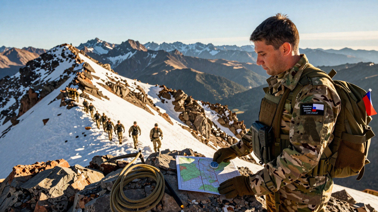 Soldado em uniforme camuflado consultando mapa em montanha nevada, com grupo subindo atrás ao amanhecer.