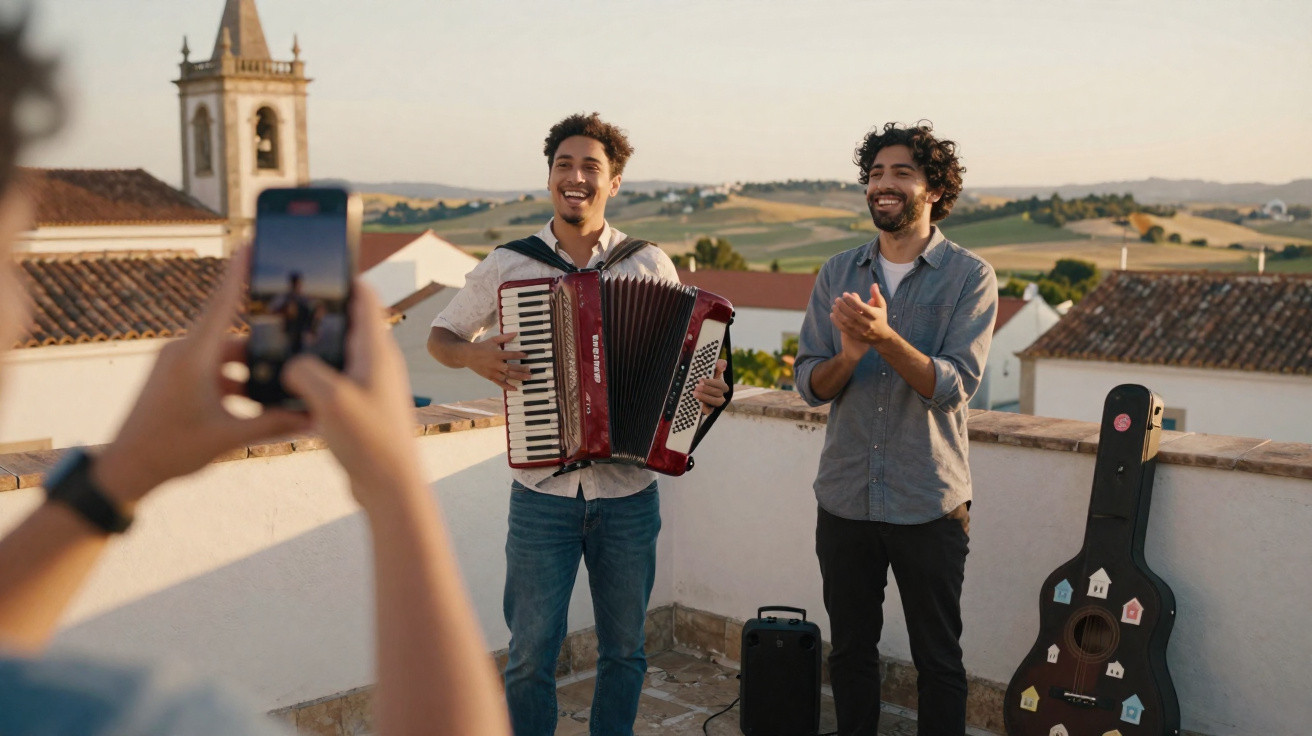 Dois homens felizes, um tocando acordeão e outro batendo palmas, em terraço ao pôr do sol.