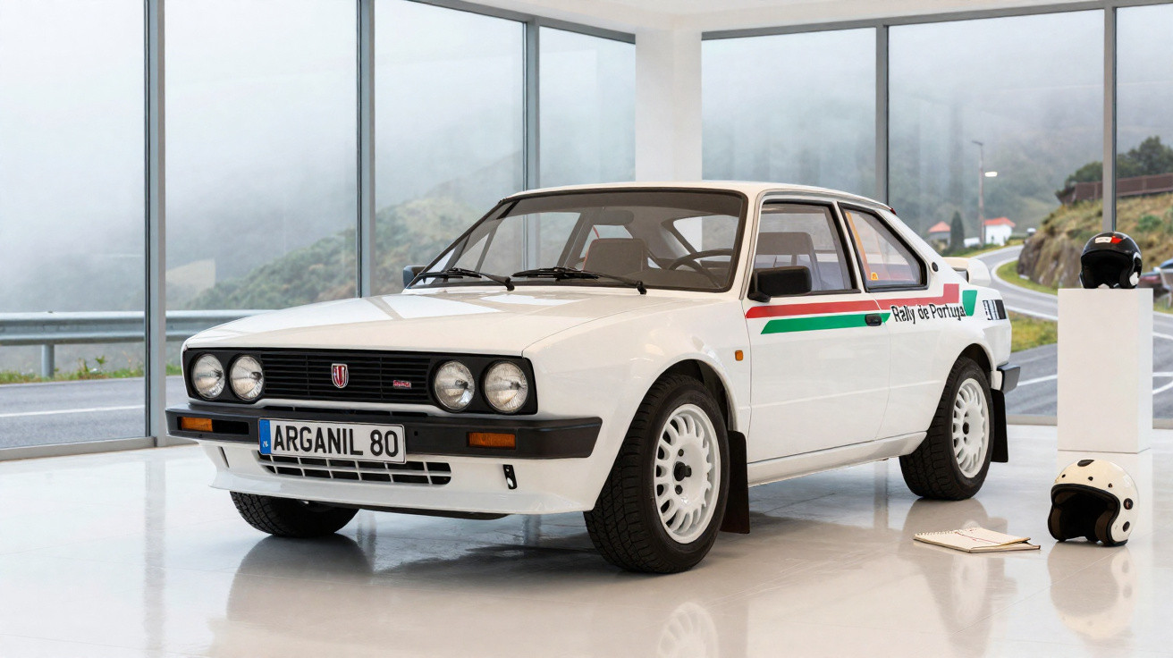 Carro de rally branco clássico em exposição interna com capacetes, caderno e vista de estrada ao fundo.
