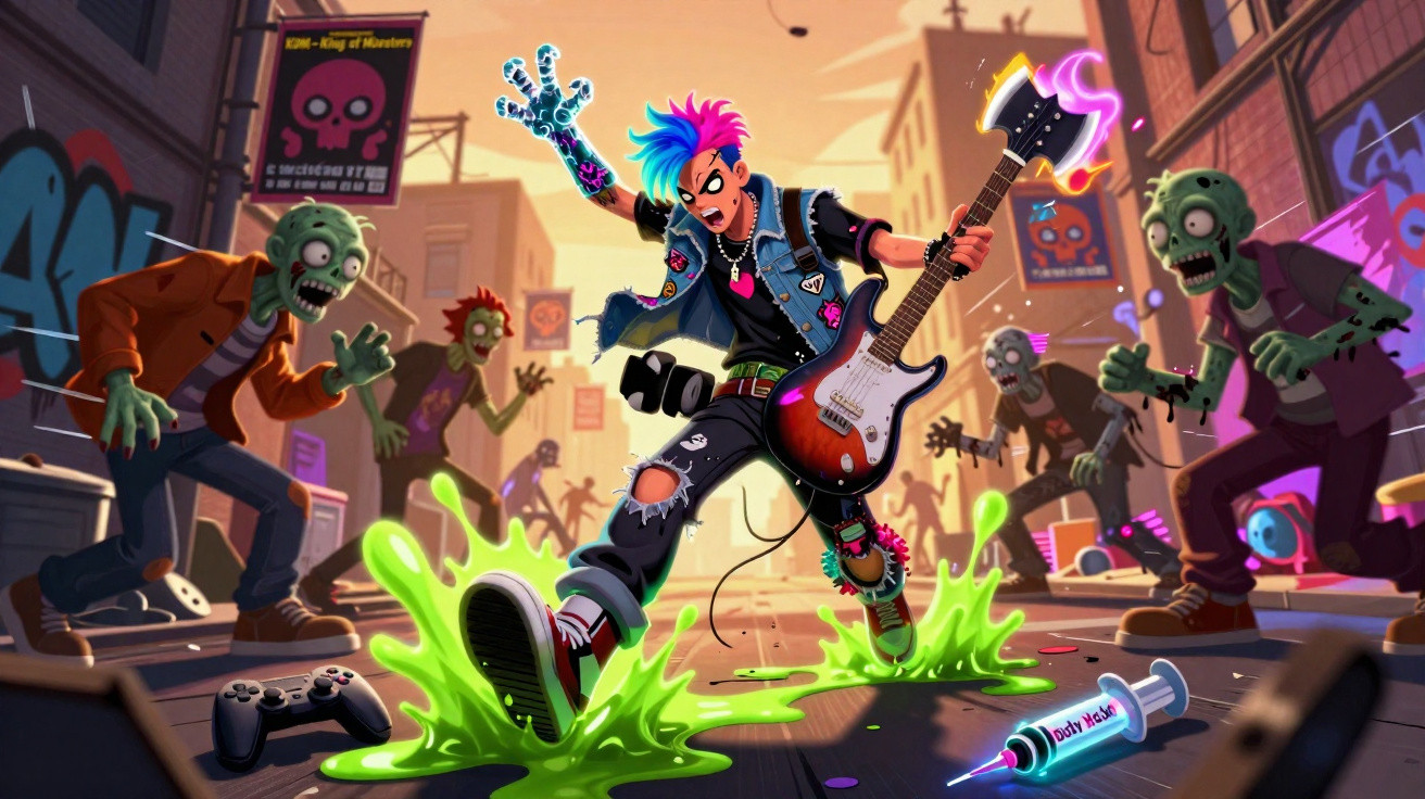 Jovem punk com guitarra flamejante pula em poça verde enquanto zumbis o cercam em rua urbana.