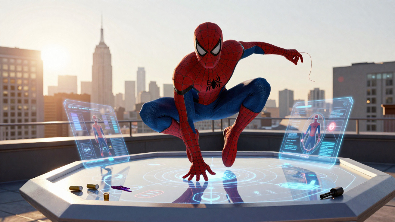 Homem-Aranha agachado sobre mesa futurista com hologramas, em telhado de edifício ao pôr do sol.
