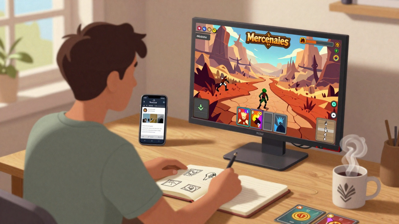 Pessoa desenhando em caderno enquanto assiste jogo chamado Mercenários em monitor na mesa com celular e café.