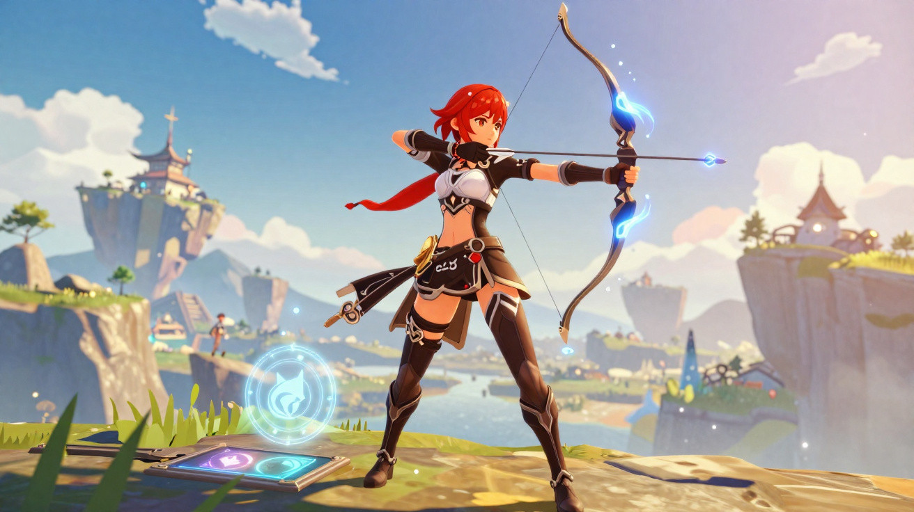 Personagem feminina de cabelo vermelho com arco e flecha em cenário de montanhas e lago.
