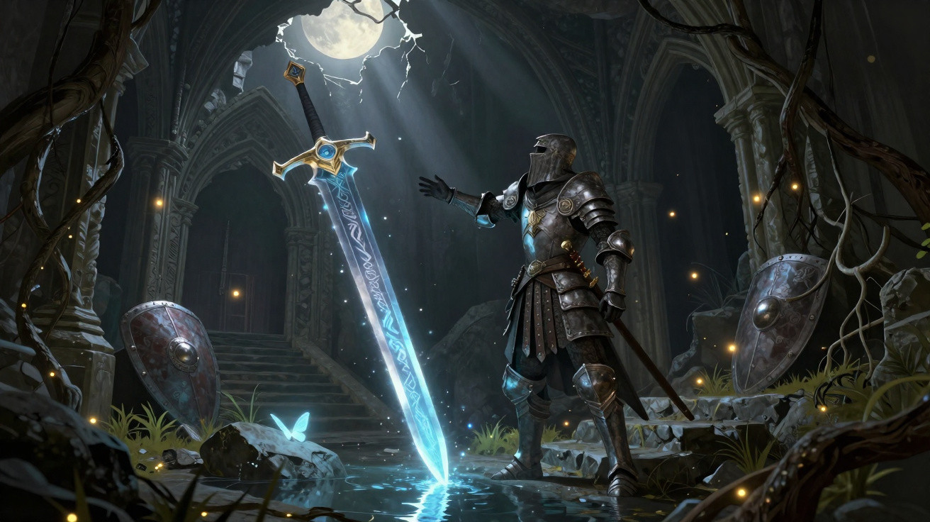 Cavaleiro de armadura completa empunha espada luminosa em ruínas antigas sob a luz da lua.