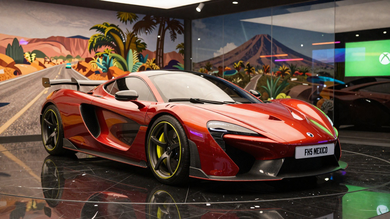 Carro esportivo vermelho brilhante exposto em ambiente interno com pintura mural de paisagem ao fundo.