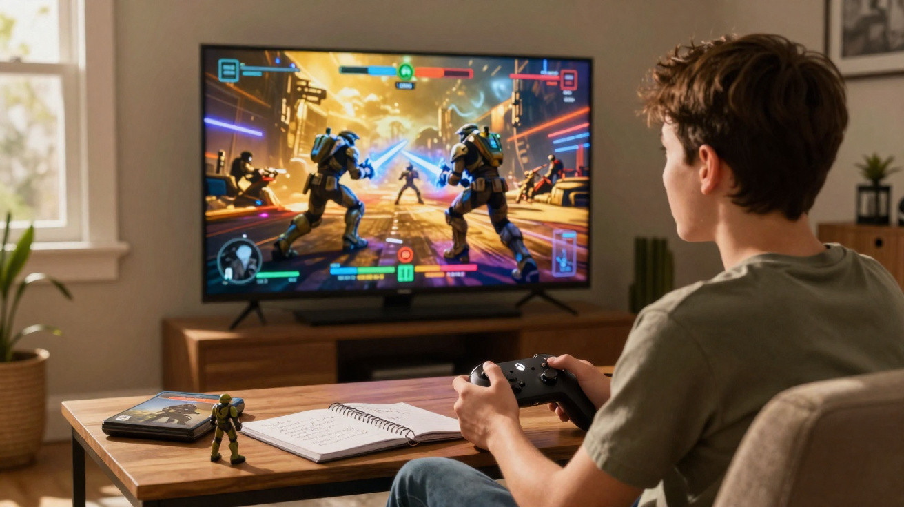 Adolescente jogando videogame de ação com controle em mãos, sentado em sala iluminada, com caderno e boneco na mesa.