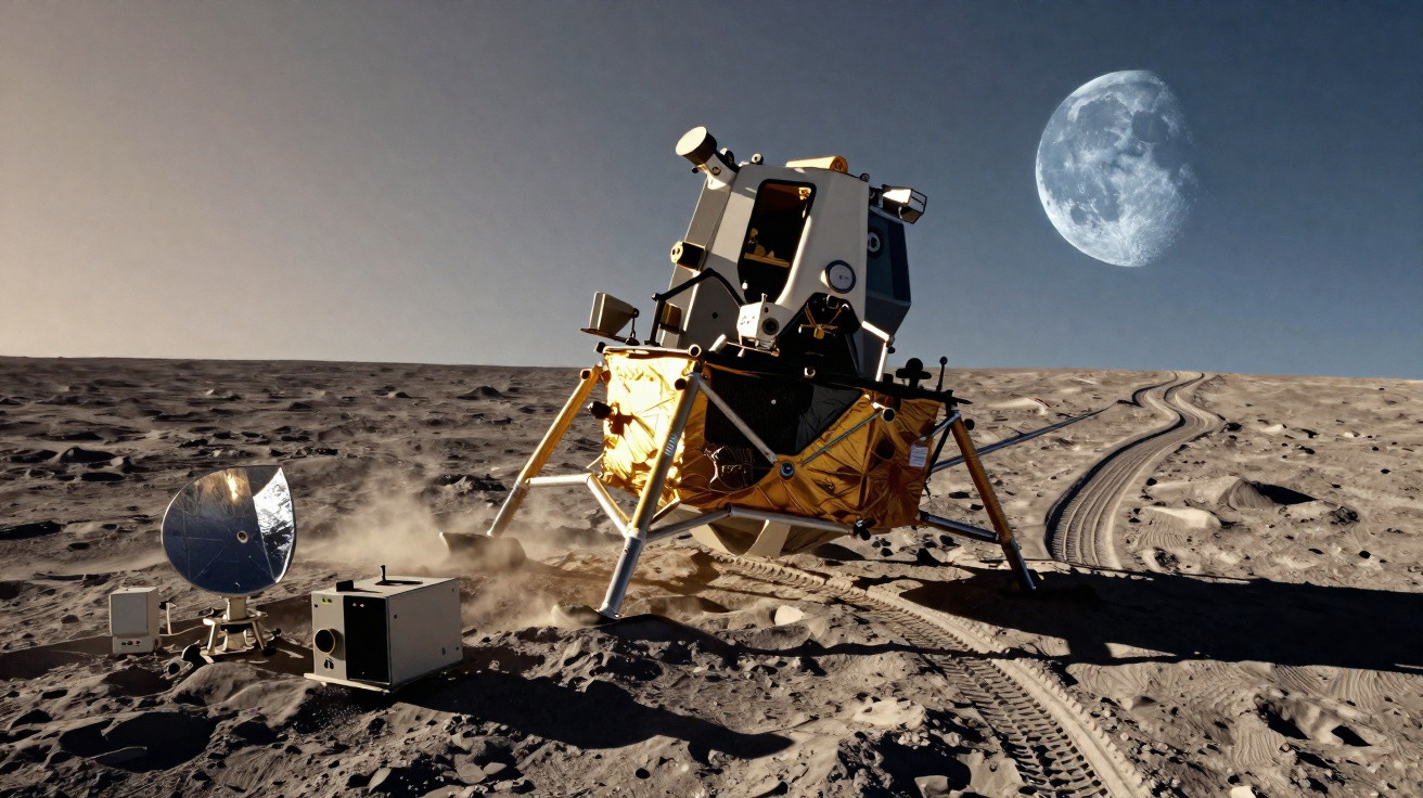 Módulo lunar pousado na superfície da lua com rastros de veículo e a Terra ao fundo.
