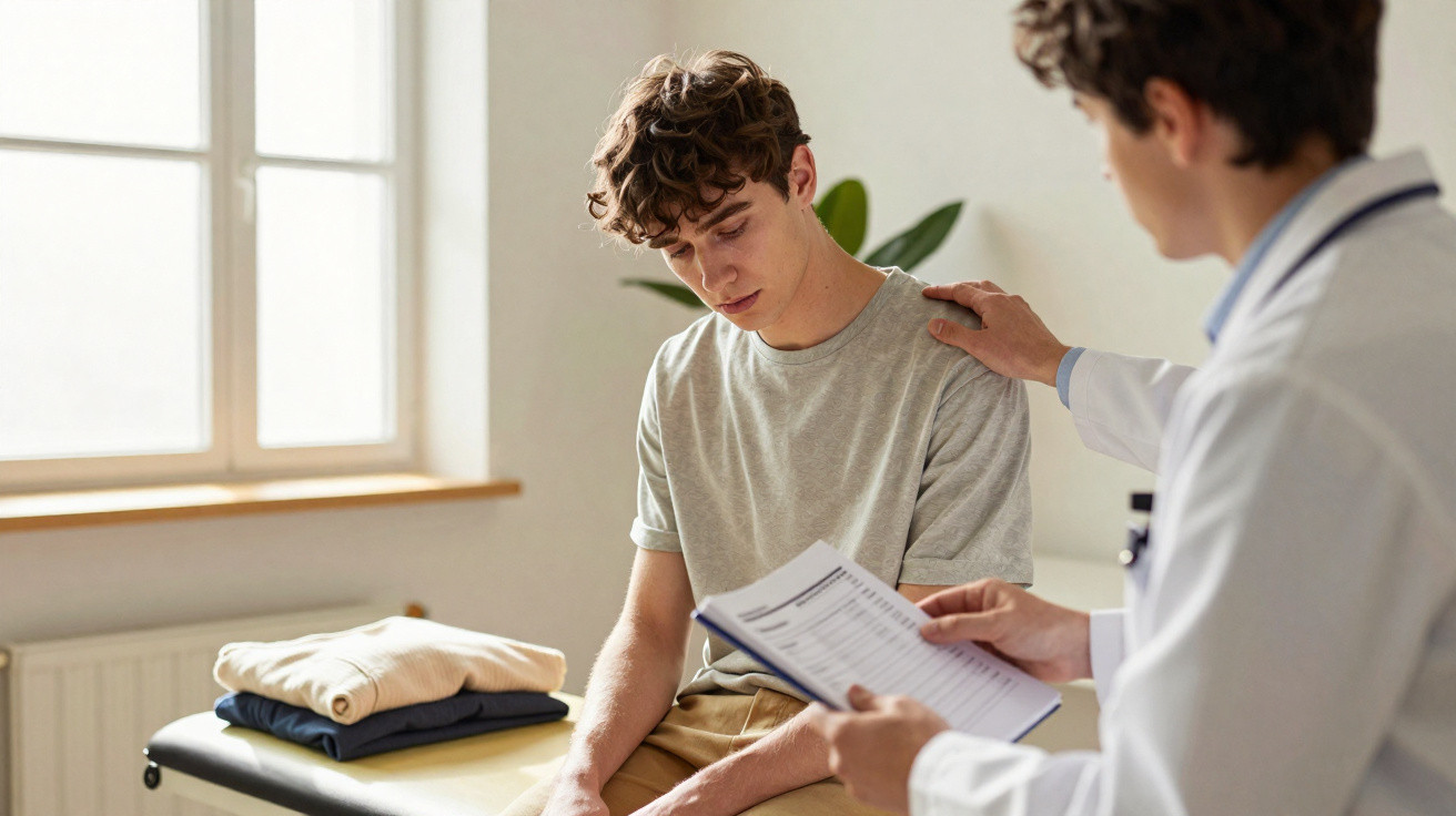 Jovem sentado em consultório médico, sendo acolhido por profissional de saúde que lê prontuário.