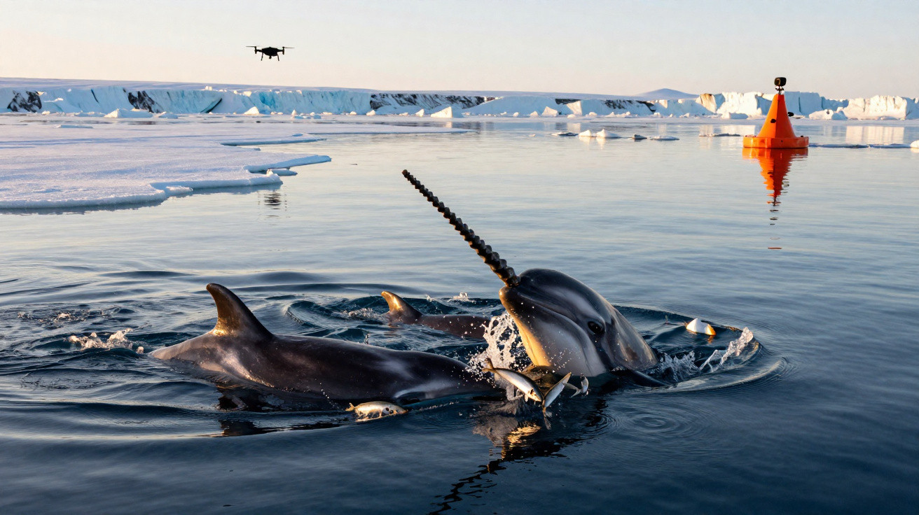 Narvals nadando na água gelada com um drone e gelo ao fundo em região polar.